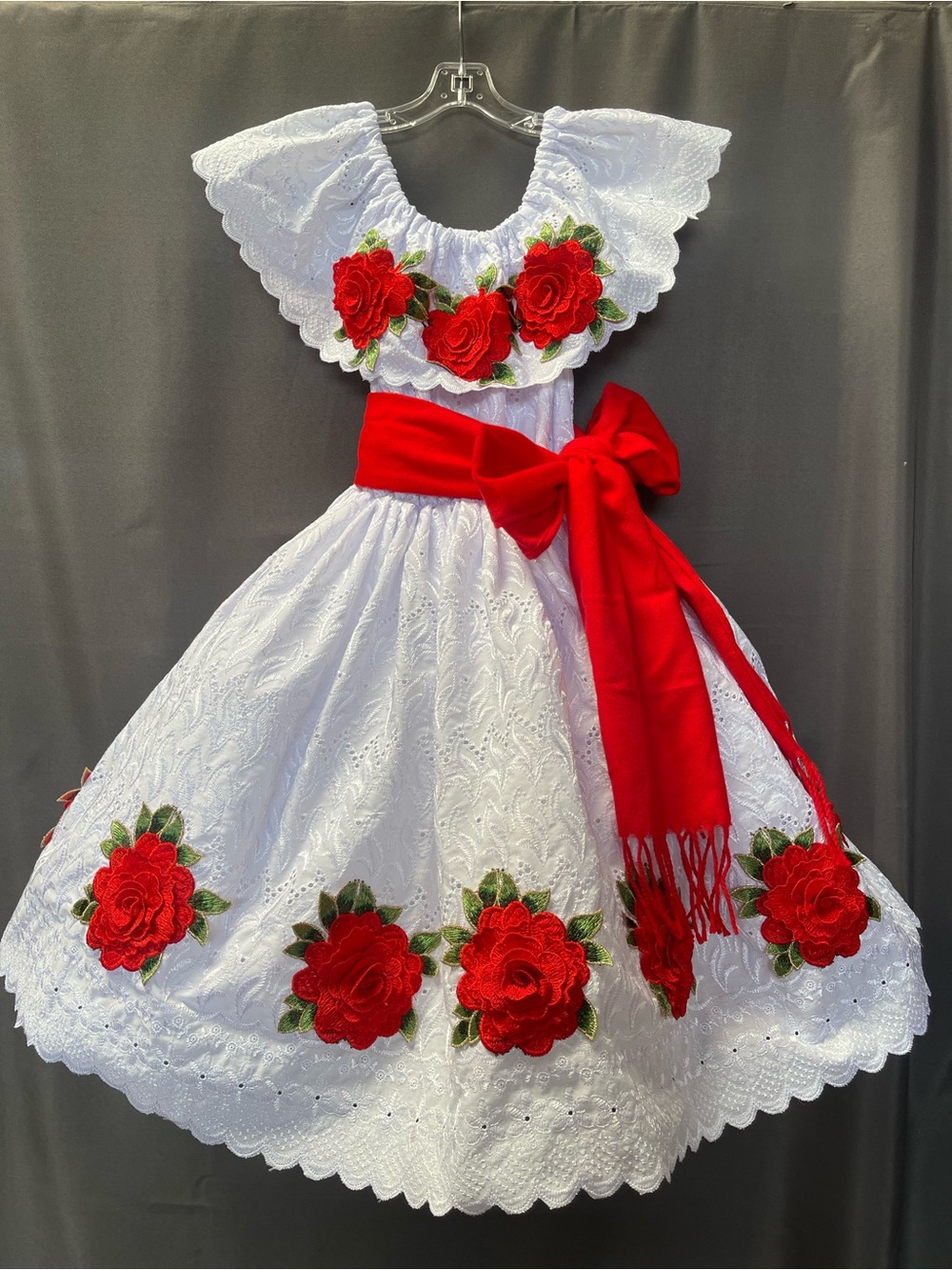 White & Red Floral Girls' Costume Dress with Red Sash
